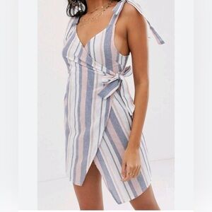 ASOS 8 M pastel striped 100% linen wrap dress tie shoulders flirty summer dress